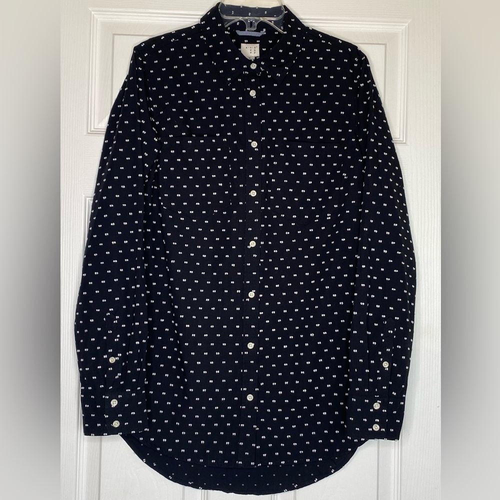 Women's A New Day Button up Blouse Black with White Polka Dots 100% Cotton Sz M